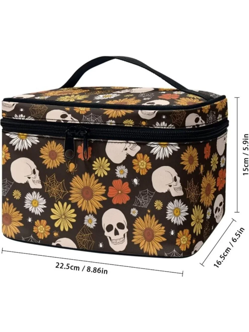 Gothic Floral Skull Makeup Bag - Large Capacity Travel Cosmetic Tote with Zipper